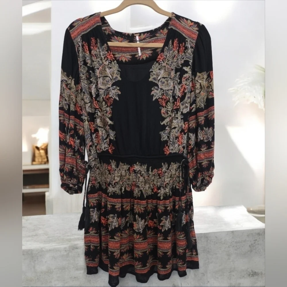 Free People black mini dress midnight drive smocked long sleeve boho Small